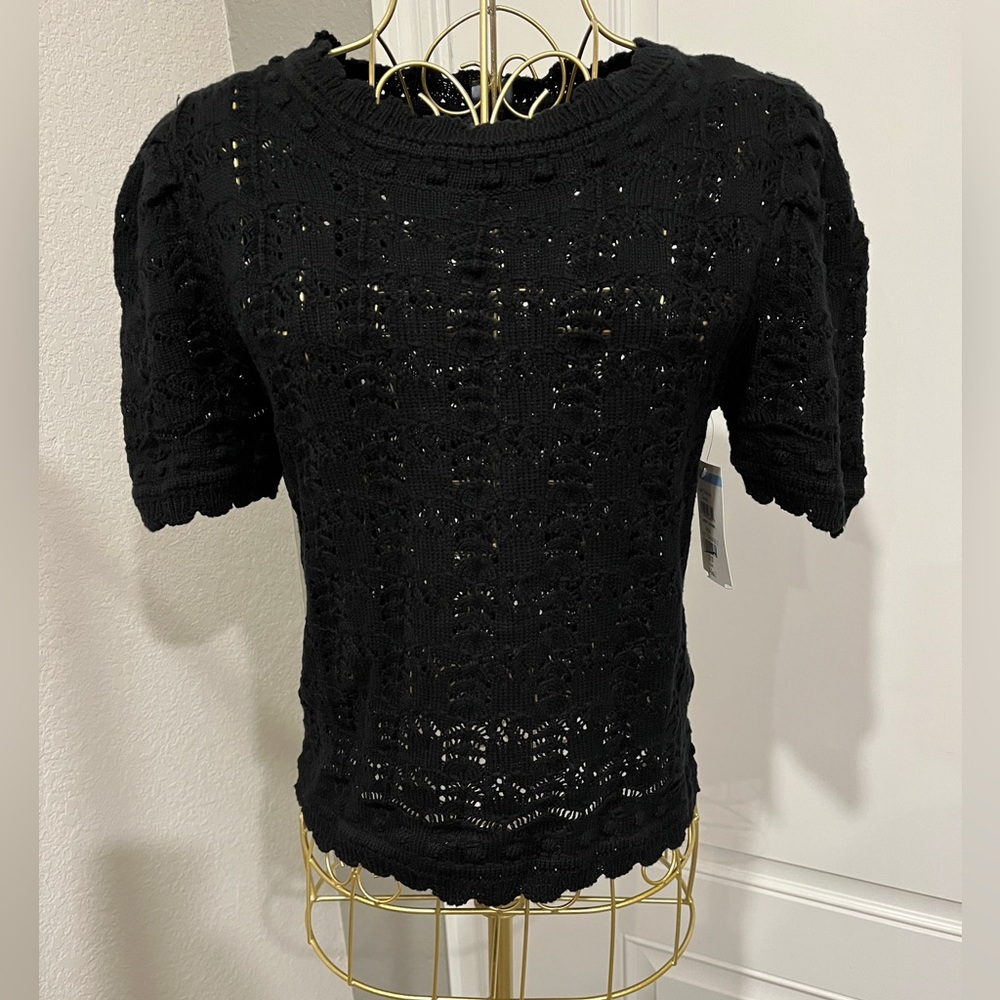 French Connection Black Fitted Crochet Cropped Blouse